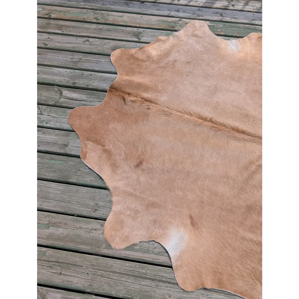 Tan large cowhide rug with natural fur texture and irregular edges perfect for angus oliver style decor
