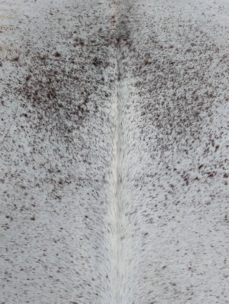 Large gray and white speckled cowhide rug with unique characteristics and natural fur texture in 73 x 63 size