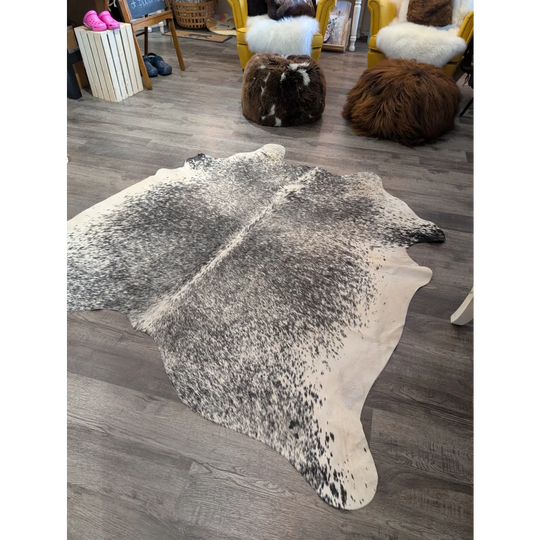 T22 67 x 73 gorgeous large cowhide rug with soft textured black and white angus oliver spotted fur