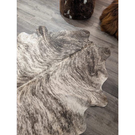 T26 68 x 63 large cowhide rug with natural tones and mottled gray white and brown fur by angus oliver