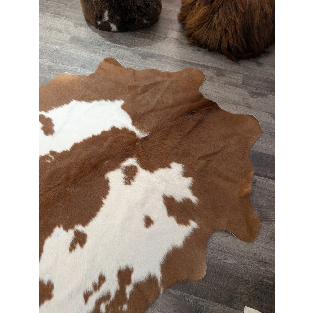 Large cowhide rug t 31 with brown and white natural fur texture perfect for cozy decor by angus oliver
