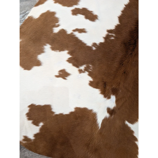 Large brown and white angus oliver cowhide rug with natural fluffy texture perfect for stylish home decor
