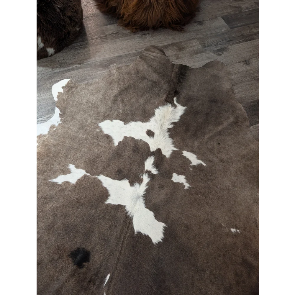 Brown and white angus oliver large cowhide rug with natural fur texture measuring 79 x 67 inches
