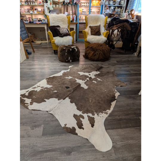Brown and white large cowhide rug with natural irregular patches in angus oliver t34 79 x 67 gorgeous cowhide