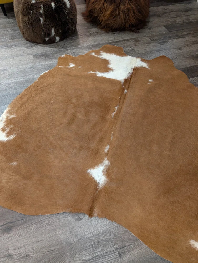Large brown and white cowhide rug with natural fur texture perfect for cozy home decor by angus oliver