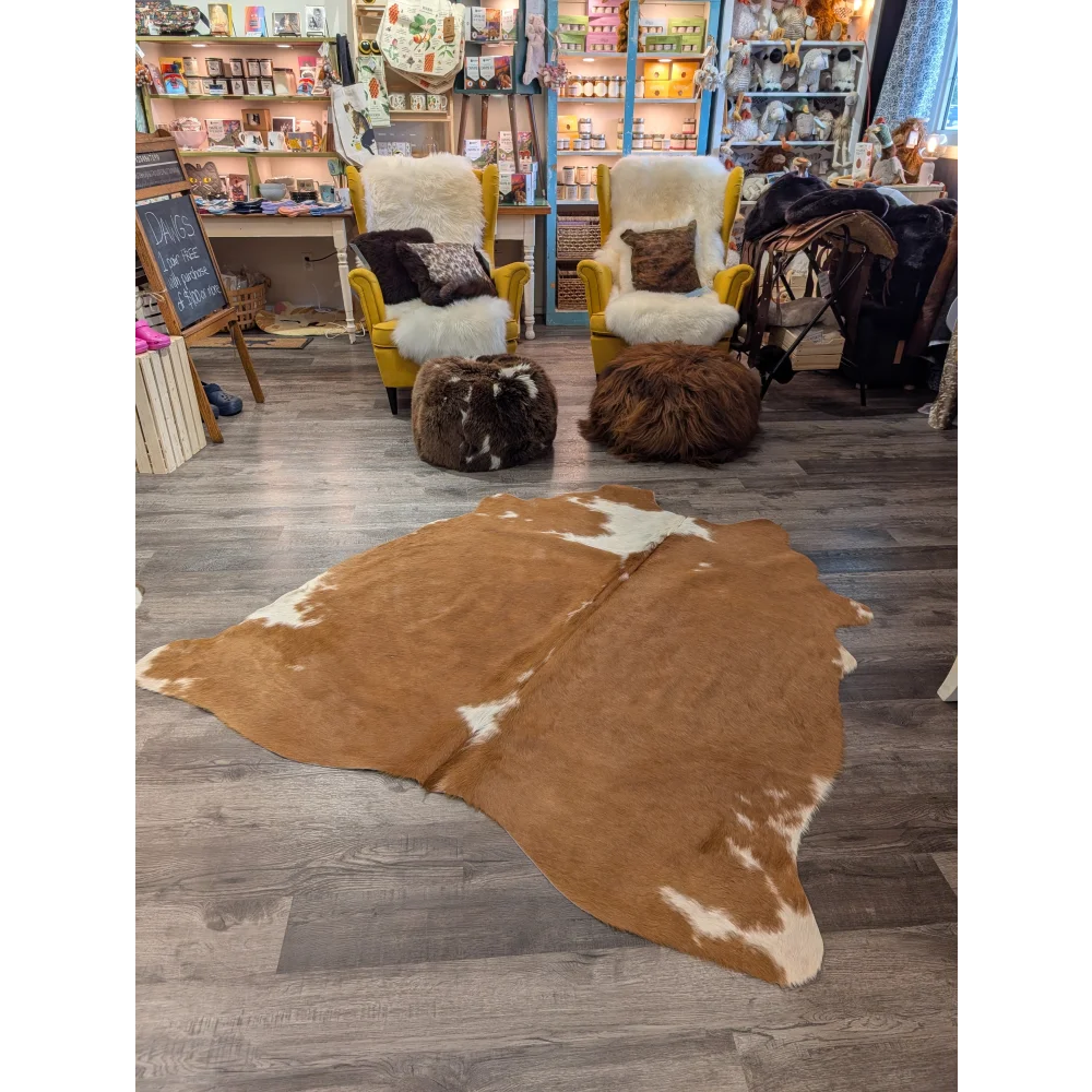 Large cowhide rug t35 68 x 68 inches with brown and white natural irregular edges by angus oliver