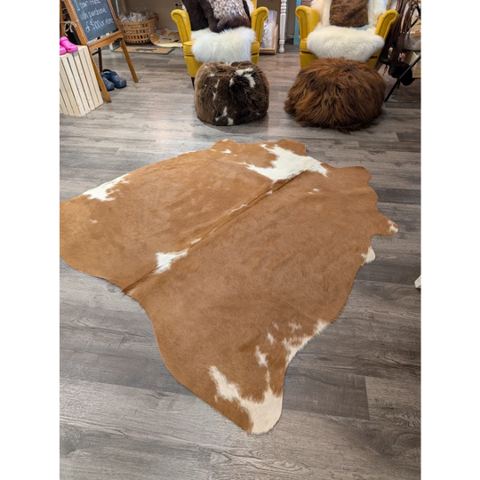 T35 68 x 68 large brown and white cowhide rug with natural fur texture by angus oliver