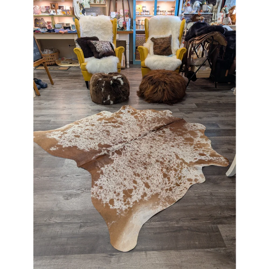 T36 67 x 68 gorgeous large cowhide rug with brown and white speckled angus oliver design