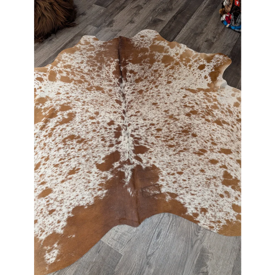 Large cowhide rug t36 67 x 68 brown and white spotted angus oliver with natural irregular edges