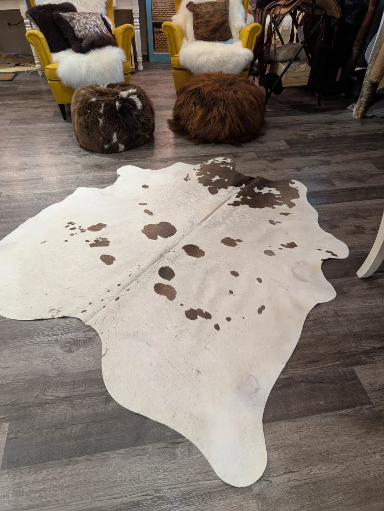Large cowhide rug t37 with white and brown natural spots perfect for stylish angus oliver home decor