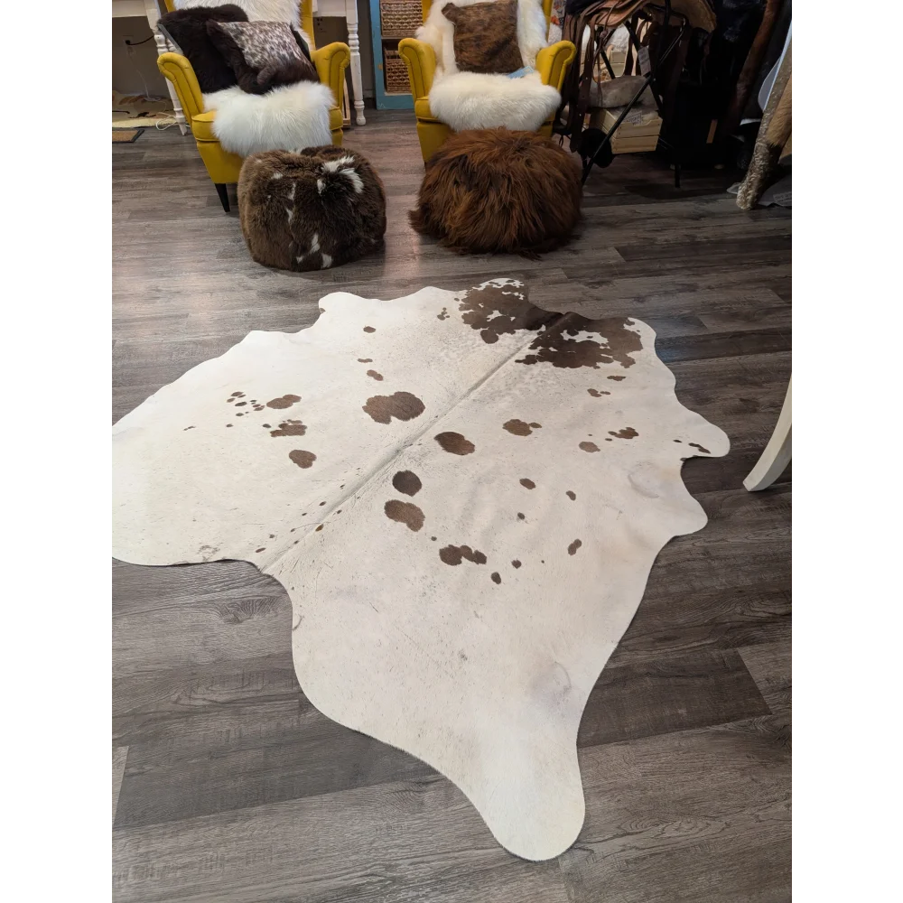 Large cowhide rug t37 with white and brown natural spots perfect for stylish angus oliver home decor