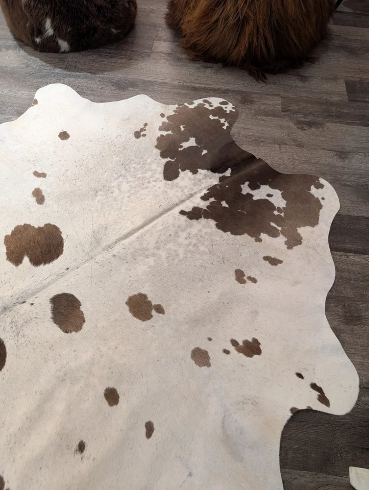 Large cowhide rug t37 74 x 67 with white base and brown patches featuring an organic asymmetrical shape by angus oliver
