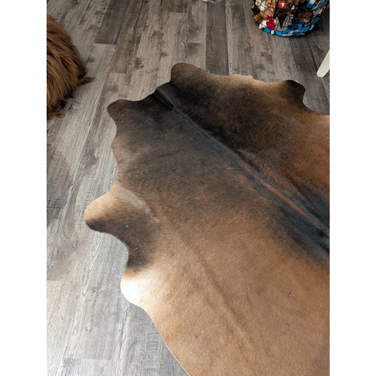 Large brown and black angus oliver cowhide rug with natural irregular edges perfect for stylish spaces