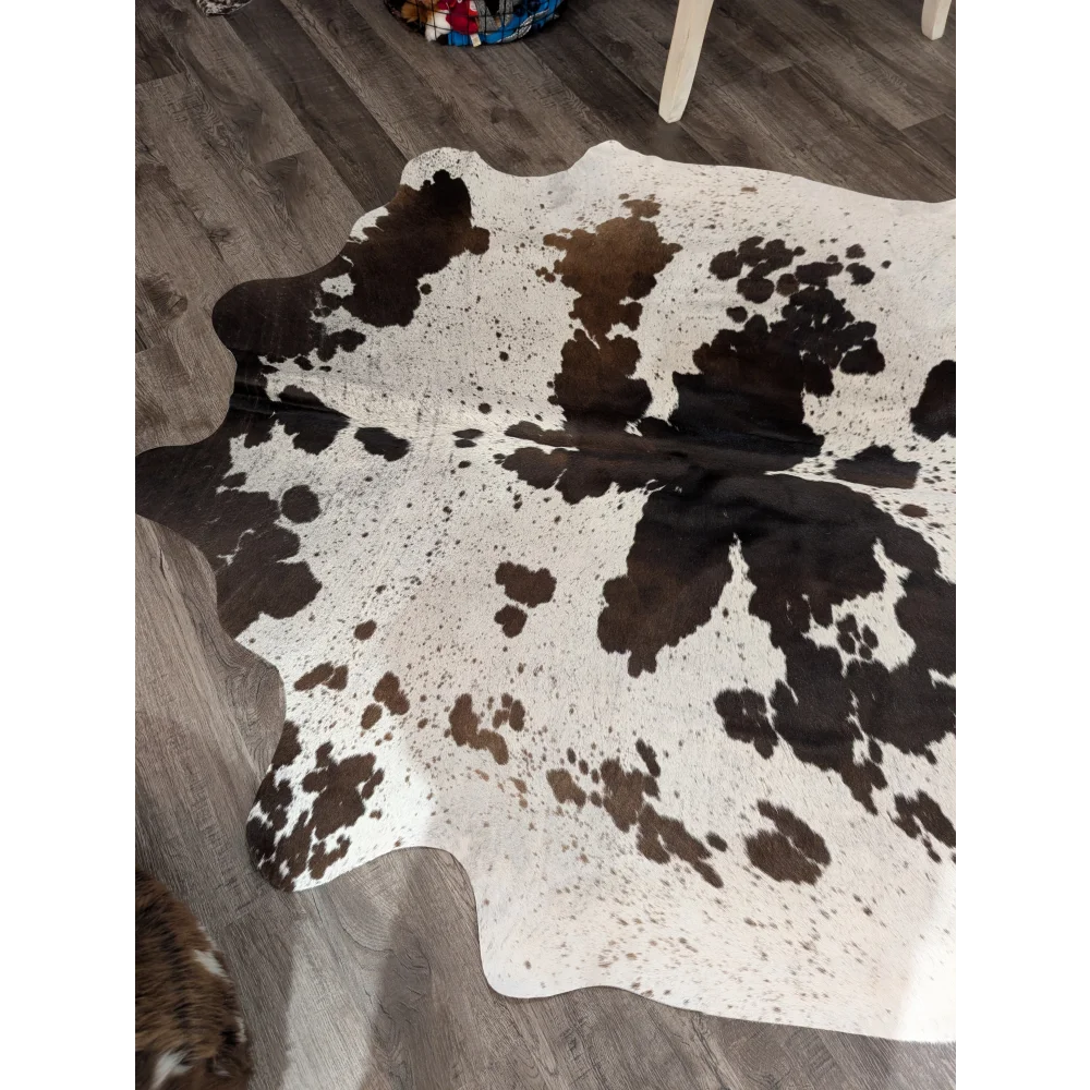 T42 69 x 66 gorgeous large cowhide rug in white and brown with natural irregular dark brown patches by angus oliver