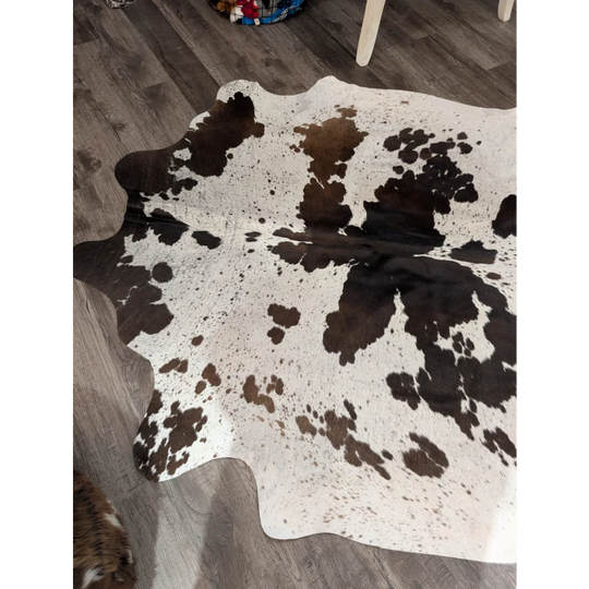 T42 69 x 66 gorgeous large cowhide rug in white and brown with natural irregular dark brown patches by angus oliver