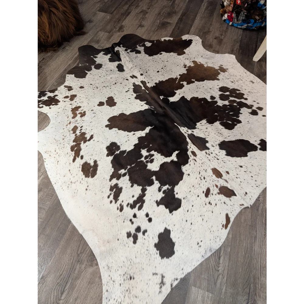 Large cowhide rug t42 69 x 66 with white and brown irregular patches and angus oliver style spots