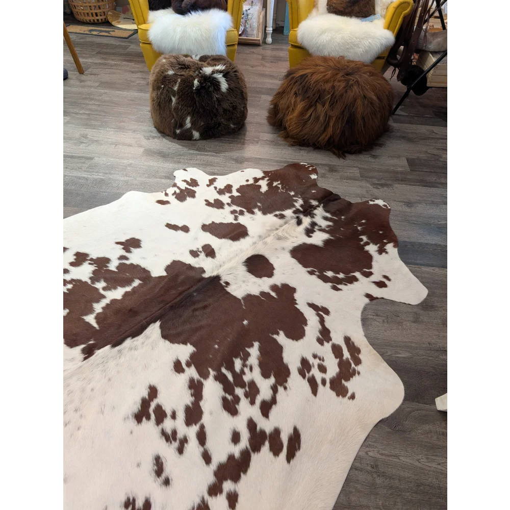 Large cowhide rug t43 with natural brown and white irregular patches perfect for angus oliver decor
