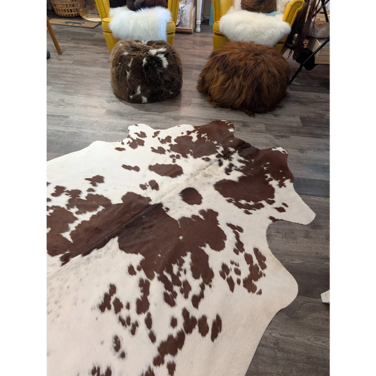 Large cowhide rug t43 with natural brown and white irregular patches perfect for angus oliver decor