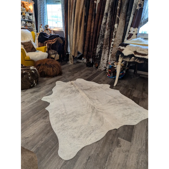 Natural white large cowhide rug with soft texture and subtle gray patches angus oliver T44 74 x 65