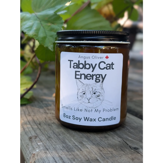 8oz soy wax Tabby Cat Energy Candle in amber glass jar
