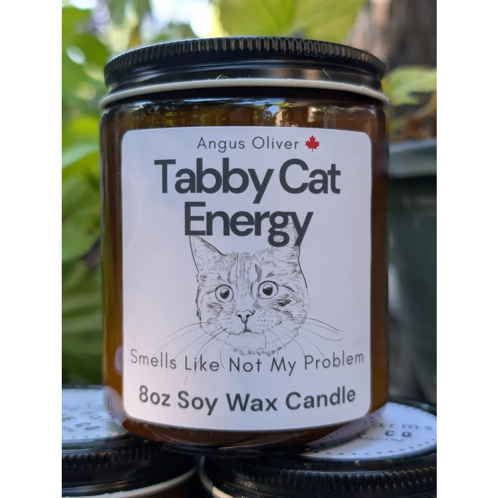 8oz soy wax Tabby Cat Energy Candle in brown glass jar with tabby cat design