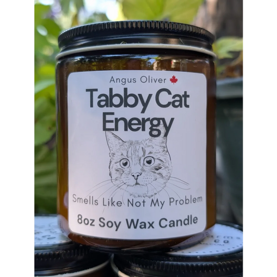 8oz soy wax Tabby Cat Energy Candle in brown glass jar with tabby cat design