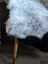 A plush white and gray medium spotted icelandic sheepskin rug draped over a wooden leg chair