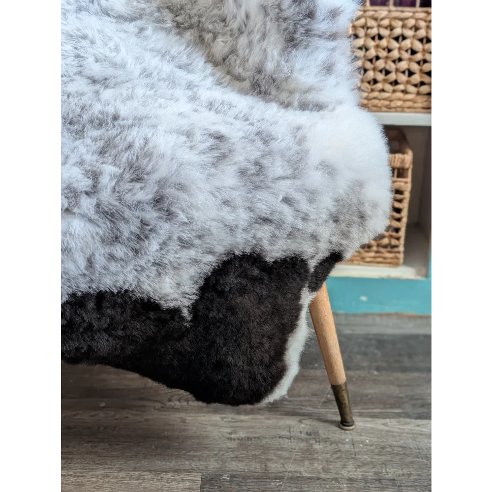 A large plush spotted icelandic sheepskin rug in soft white and black patchwork natural short wool texture