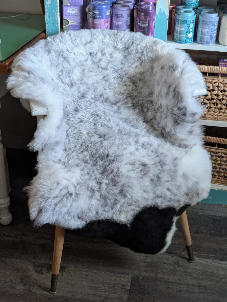 A large spotted icelandic sheepskin rug with soft white and gray gradient draped over a wooden chair back