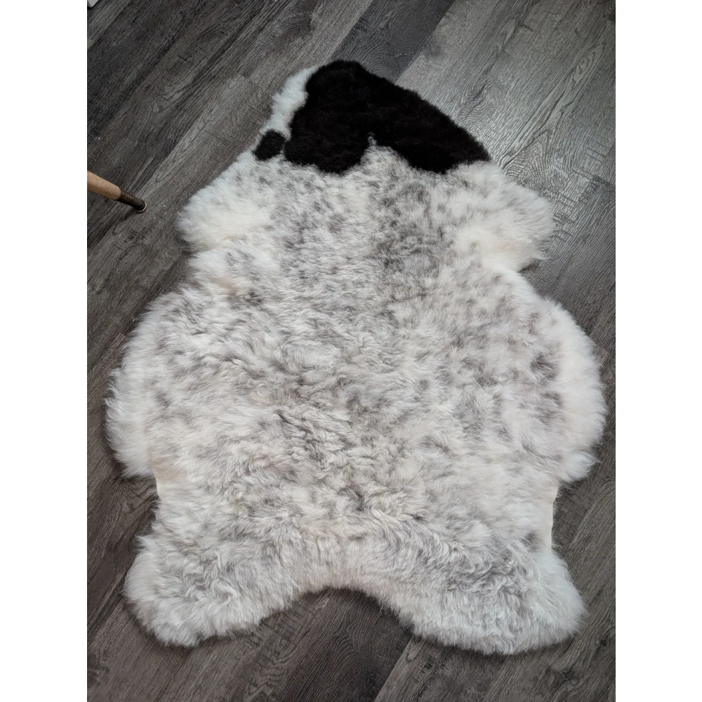 A large 46 x 34 inch plush spotted icelandic sheepskin rug with soft white gray fur and a black patch on top left side