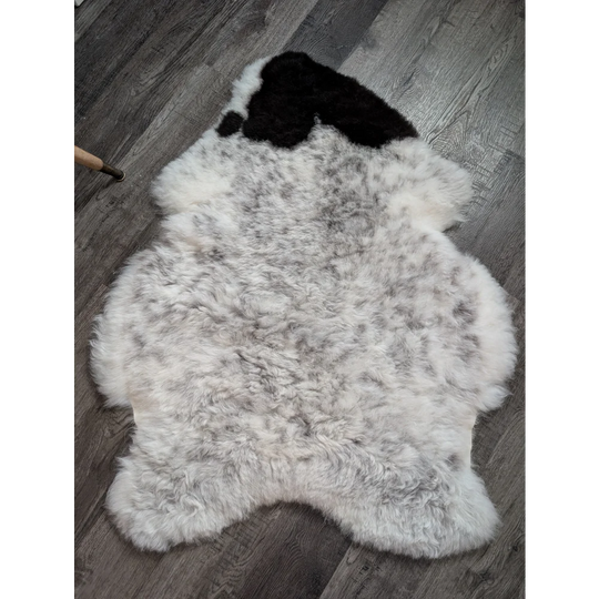 A large 46 x 34 inch plush spotted icelandic sheepskin rug with soft white gray fur and a black patch on top left side