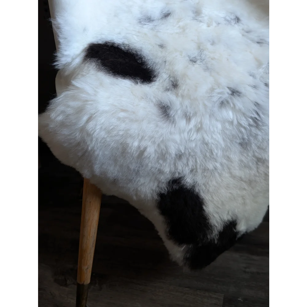Large 45.5 x 31 inch icelandic sheepskin rug with medium black and white spotted soft fluffy wool texture