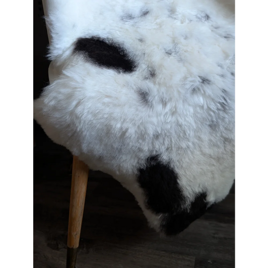 Large 45.5 x 31 inch icelandic sheepskin rug with medium black and white spotted soft fluffy wool texture