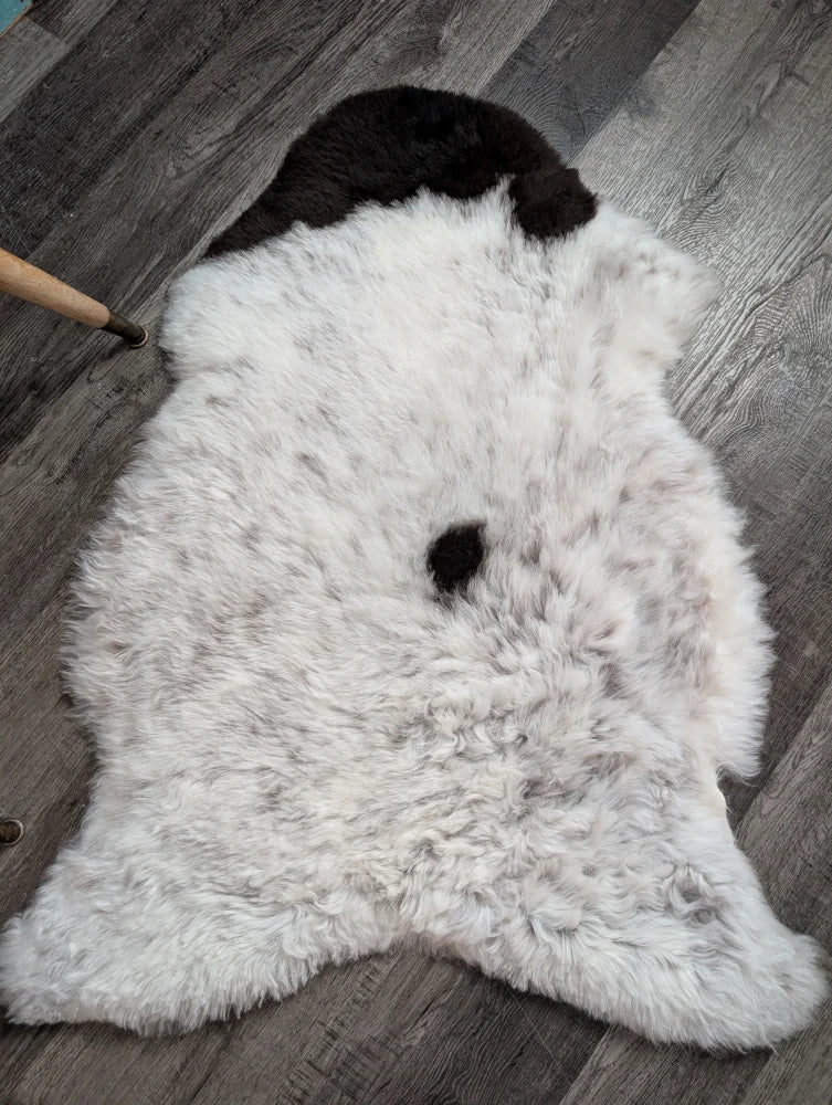 A plush white medium spotted icelandic sheepskin rug with soft wool and two distinct black patches near the top
