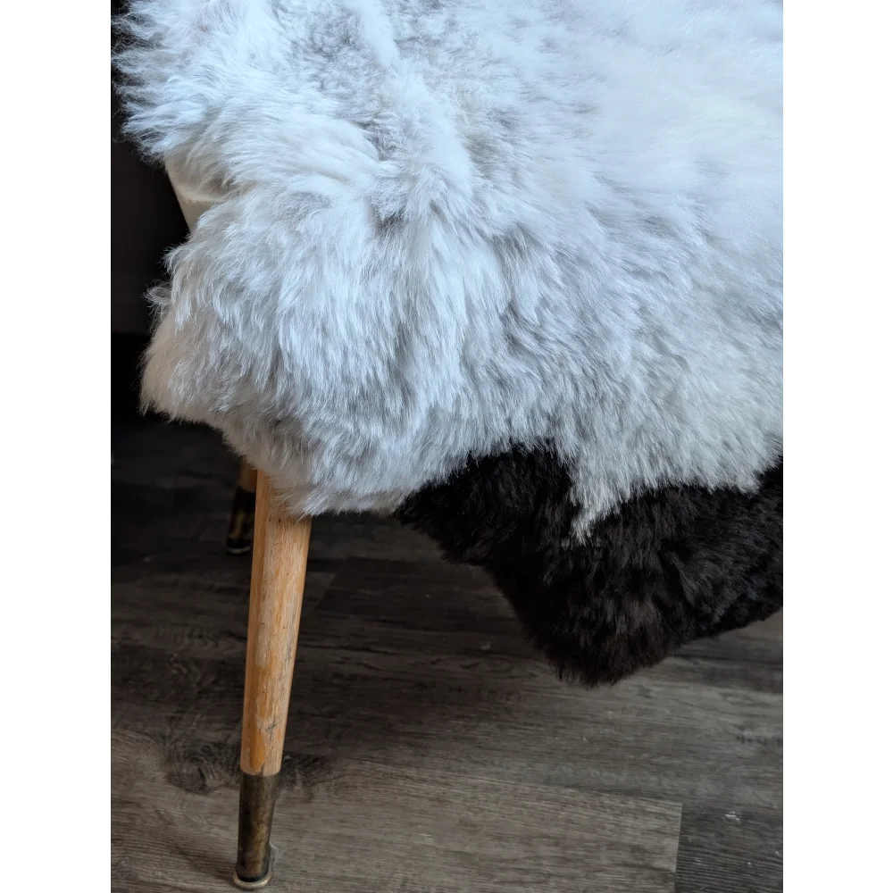 A plush two toned spotted icelandic sheepskin rug with soft white and dark gray wool texture 45 x 29 inches