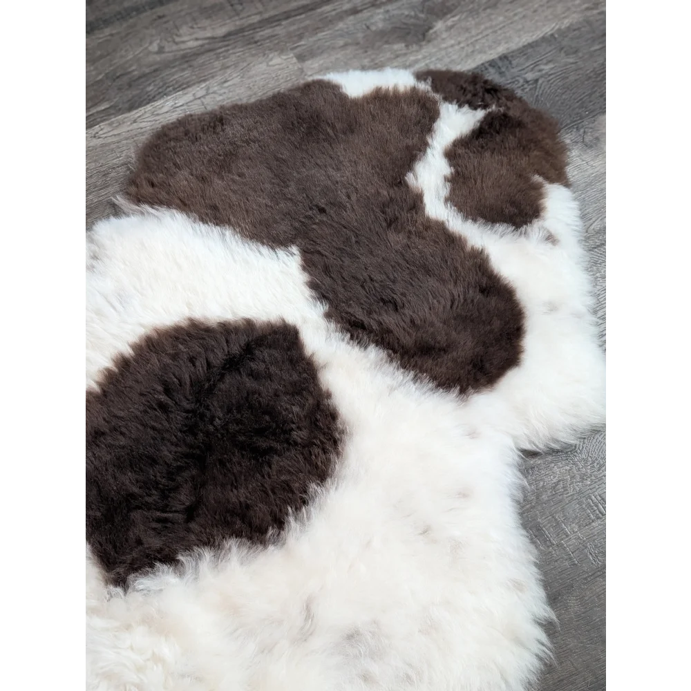 A large plush spotted icelandic sheepskin rug with natural brown and white cow print short wool fibers