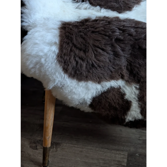 A cozy plush large spotted icelandic sheepskin throw with white and brown patches draped over a wooden chair