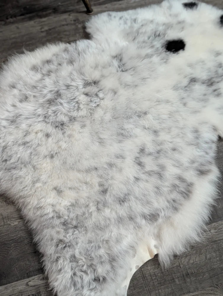 A large spotted icelandic sheepskin rug with soft white and gray speckled fluffy wool for cozy decor