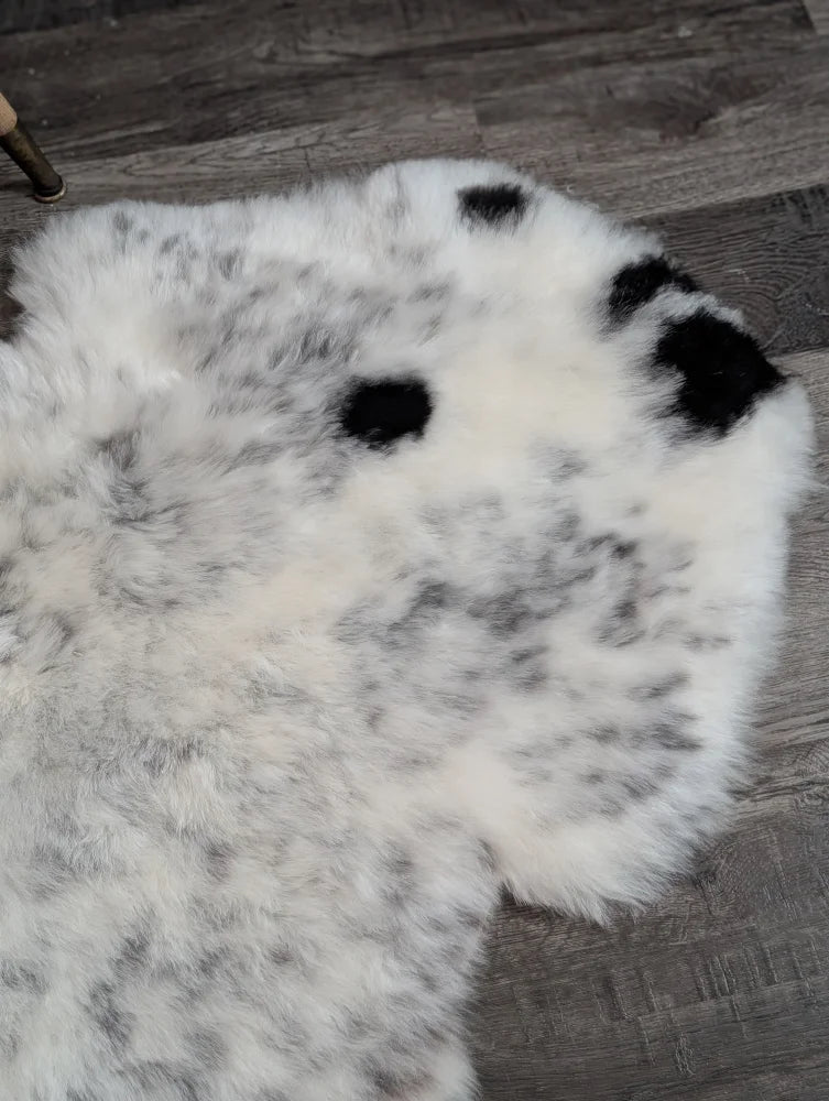 A large plush spotted icelandic sheepskin rug in white and black with soft fluffy texture for cozy decor