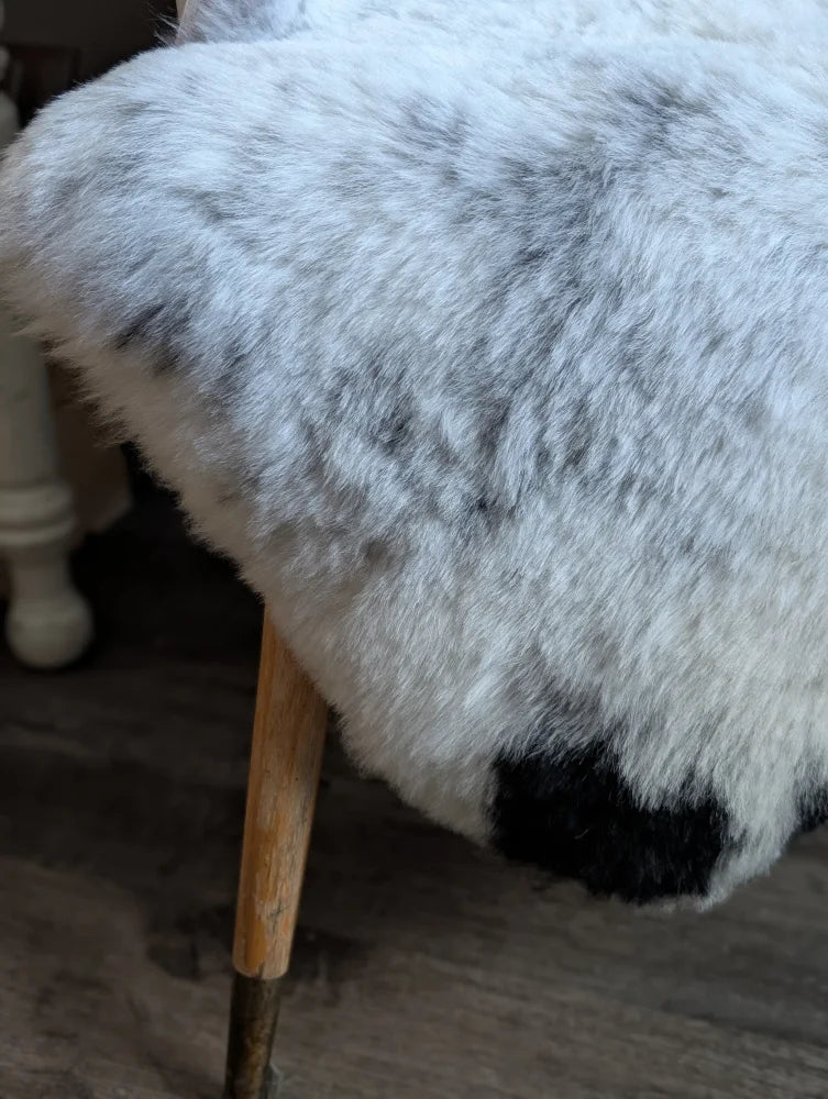 A plush gray and white spotted icelandic sheepskin rug draped over a wooden stool with soft fluffy texture