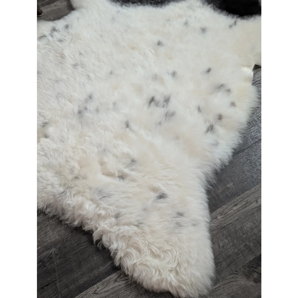 White spotted icelandic sheepskin rug with soft curly fur and dark gray speckles medium spotted icelandic style