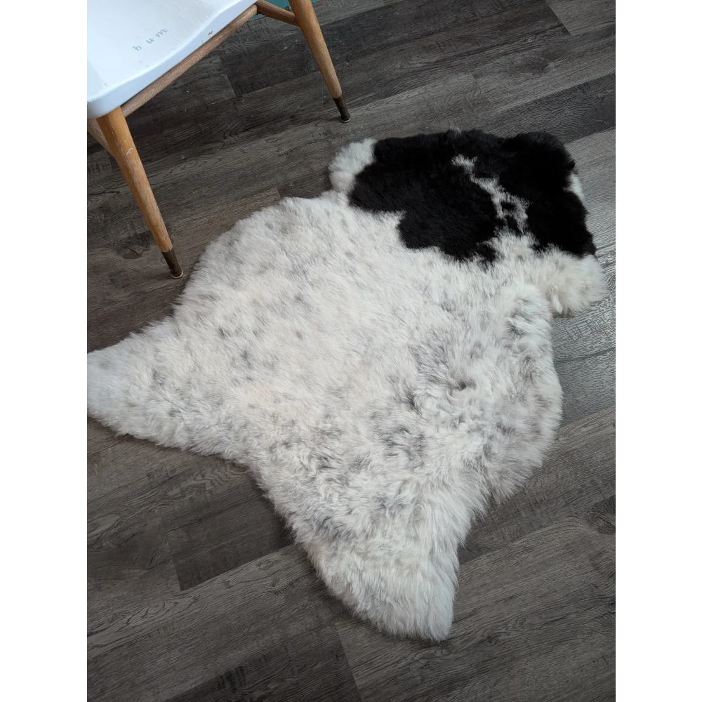 A large irregular icelandic sheepskin rug with soft white base and bold black spots medium spotted icelandic wool