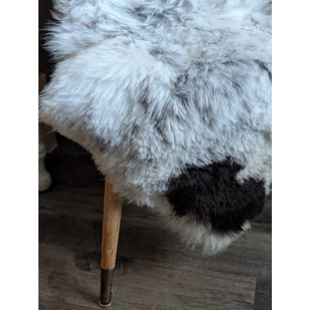 A plush spotted icelandic sheepskin stool with soft white and black medium spotted icelandic wool texture
