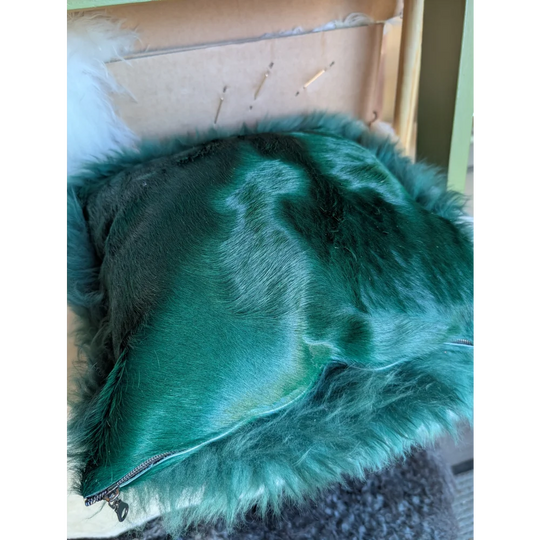 Emerald green faux fur throw pillow with zipper closure in dyed green style from angus oliver green cushion