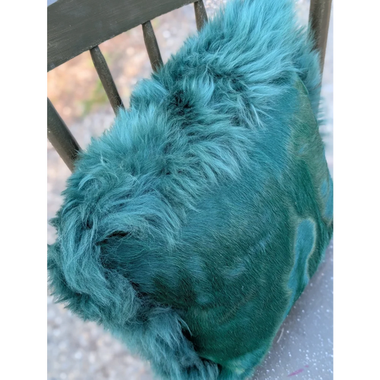 The green cushion is a plush teal faux fur throw blanket with soft shaggy texture, dyed green for a cozy vibe