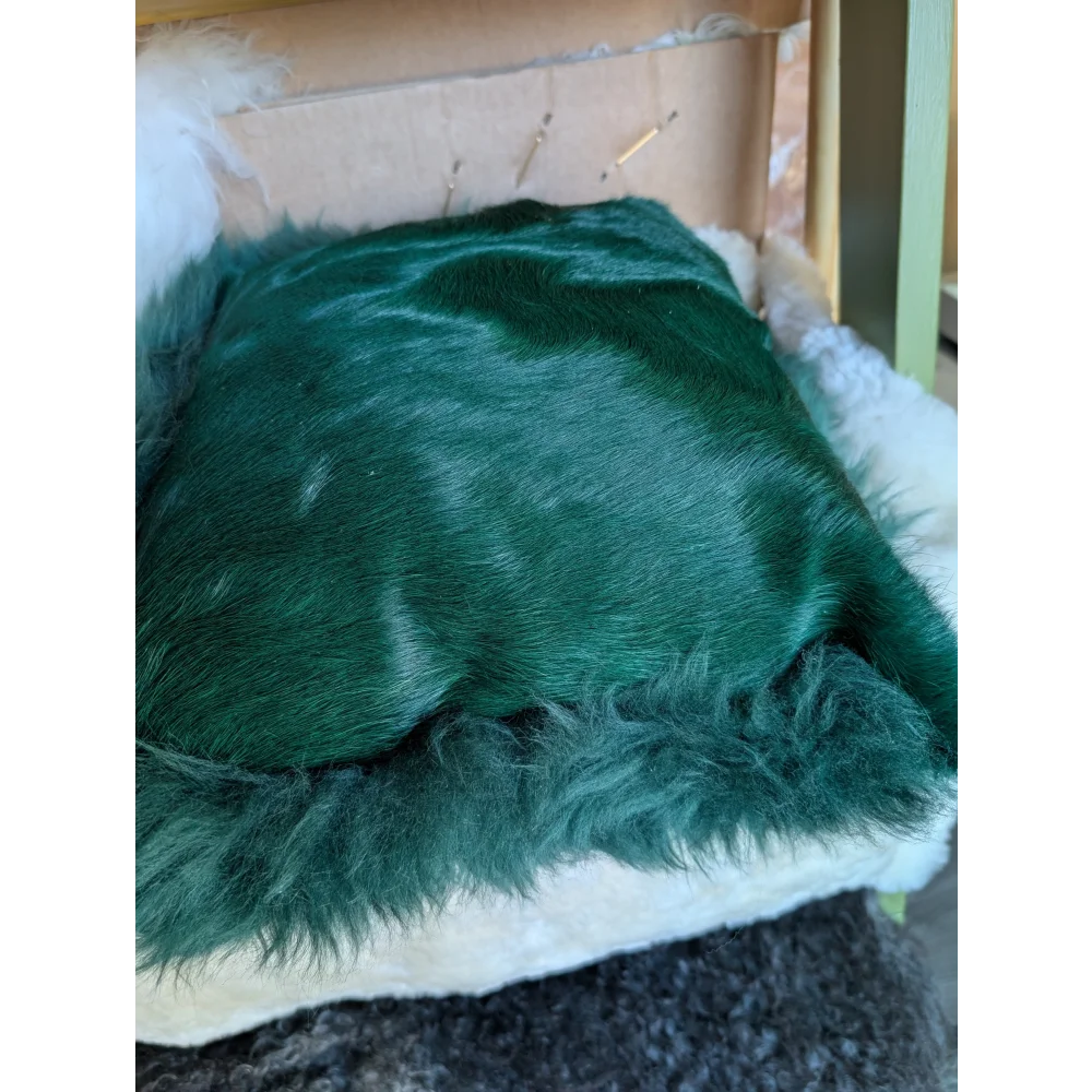 The green cushion deep green faux fur pet bed with plush textured surface and white fleece trim dyed green style