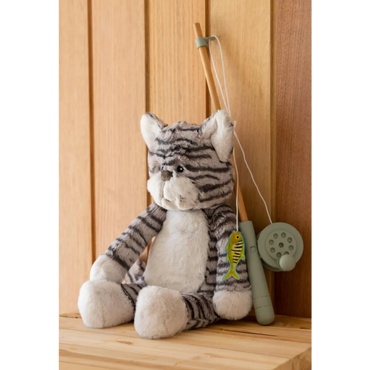 Soft tabby cat plush toy in angus oliver sheepskin style