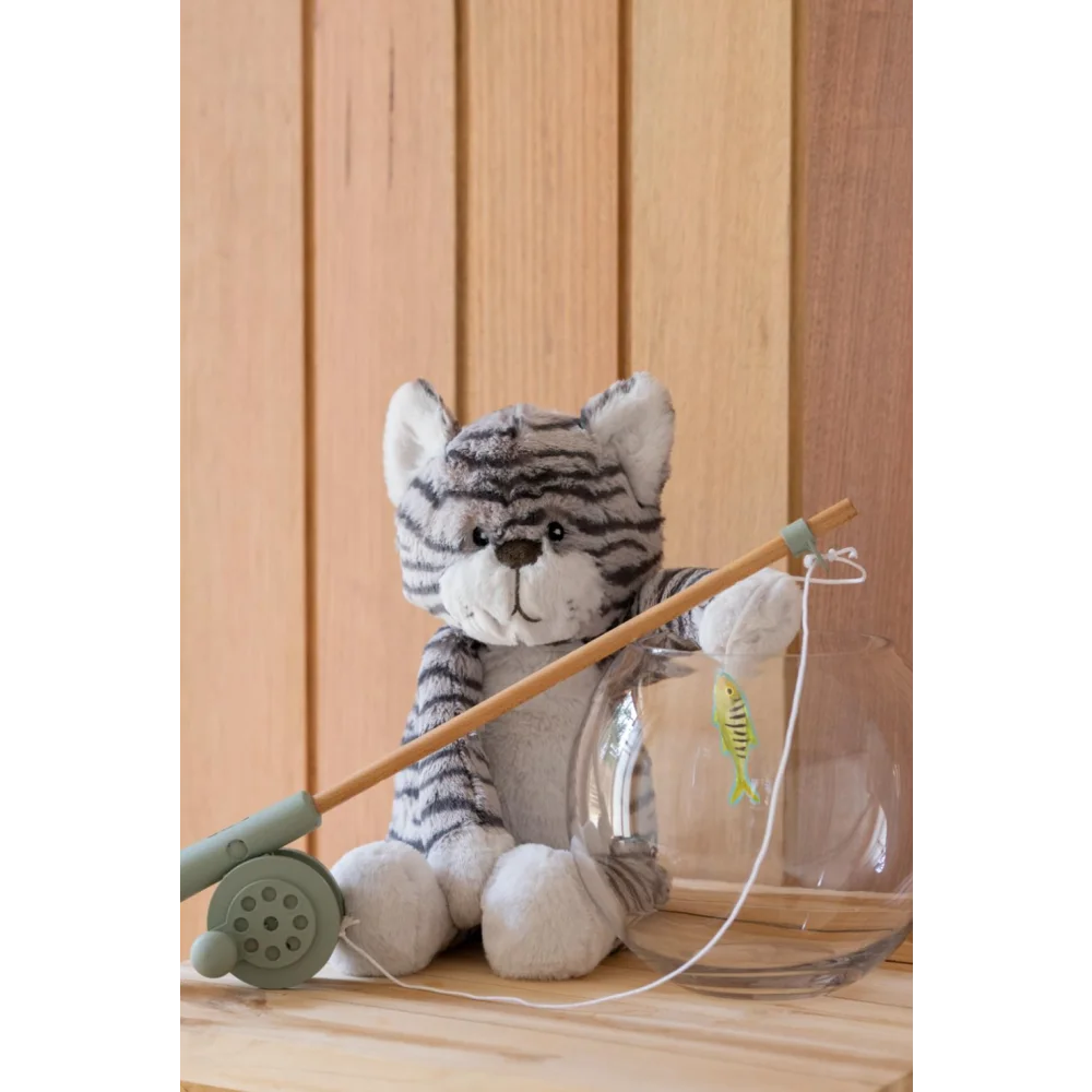 Gray tabby cat plush toy with sheepskin fishing rod from Angus Oliver