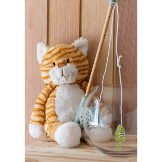 Cute orange tabby cat plush toy with fishing rod and Angus Oliver sheepskin lure