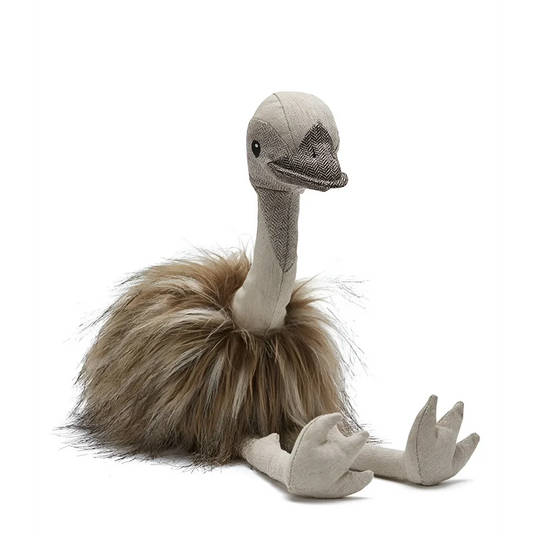 The ostrich soft toy is a beige plush with textured fabric head and fluffy brown faux fur body by angus oliver canada